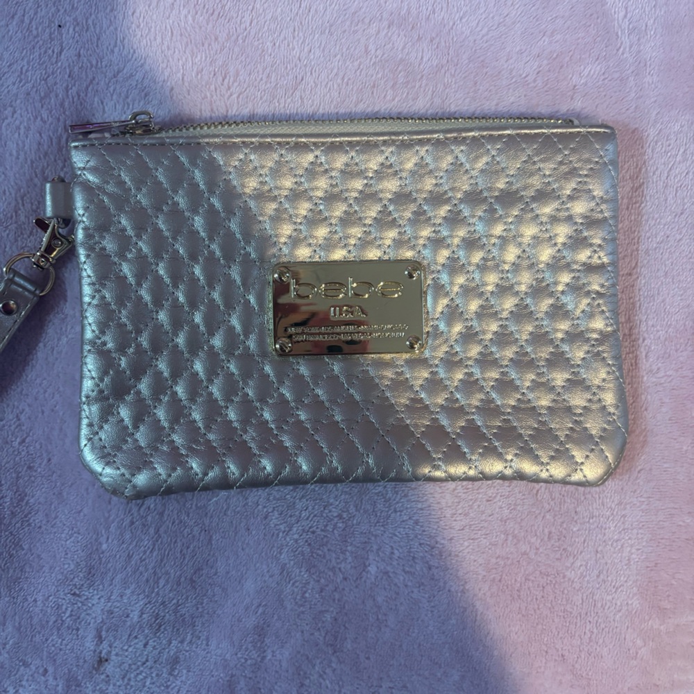 bebe Metallic Silver Quilted Wristlet Clutch